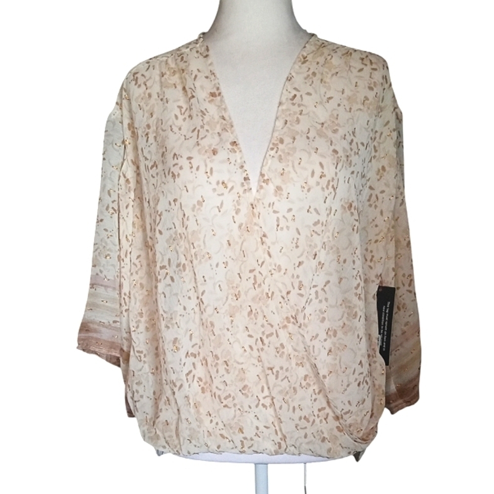 Lovestitch Sheer Ivory Boho Peasant Top Gold Accents Size Small NWT